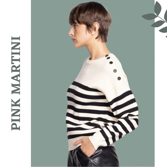 Pink Martini Crew Neck Sweater Pullover Button Detail Stripe Cream Black Large - Picture 3 of 8